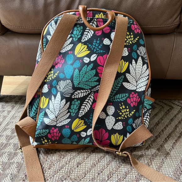 Fossil Backpack Coated Canvas Bag Floral Pink Teal Cactus. In good condition. - Picture 2 of 9